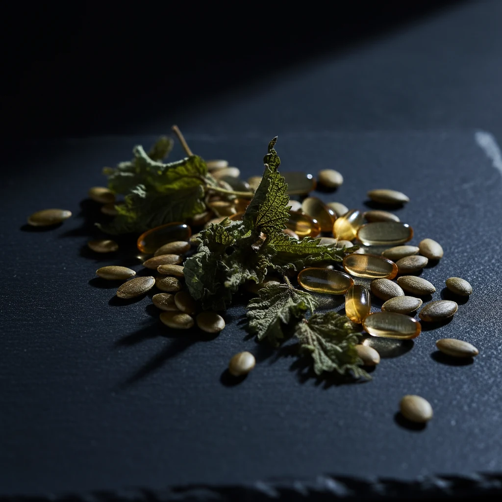 Botanische ingrediënten waaronder pompoenpitten en kruidencapsules op een donker leisteen oppervlak, dramatische zijbelichting