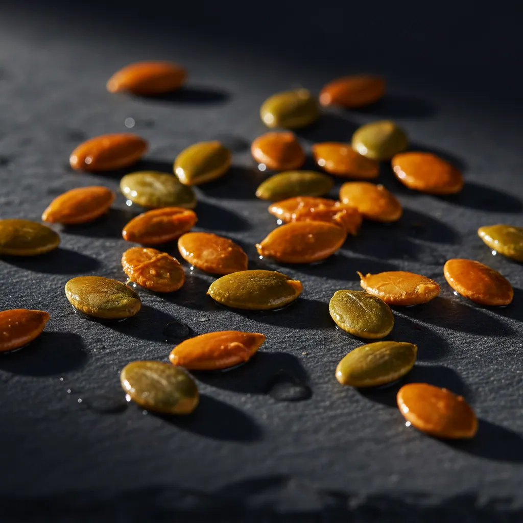 Macro-opname verse pompoenpitten op donker leisteen oppervlak, warme ambergroene tinten