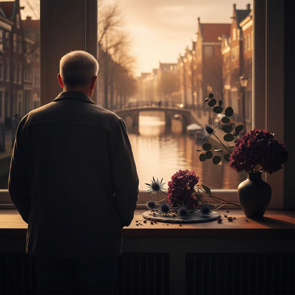 Anonieme oudere man van achteren, kijkend over een Amsterdamse gracht bij gouden uur, actieve leefstijl