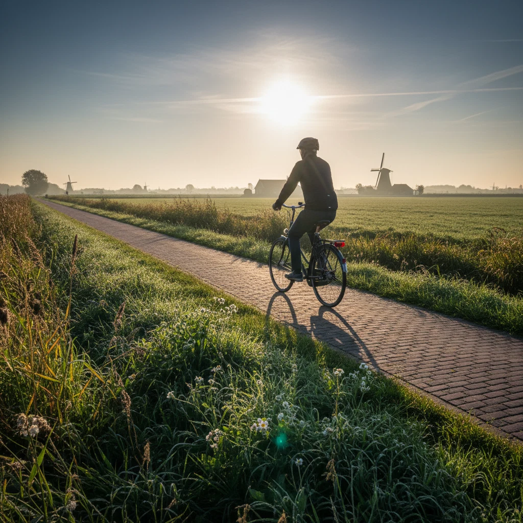 Anonieme man van achteren fietsend op een Nederlands fietspad door groene polderlandschap, actieve levensstijl