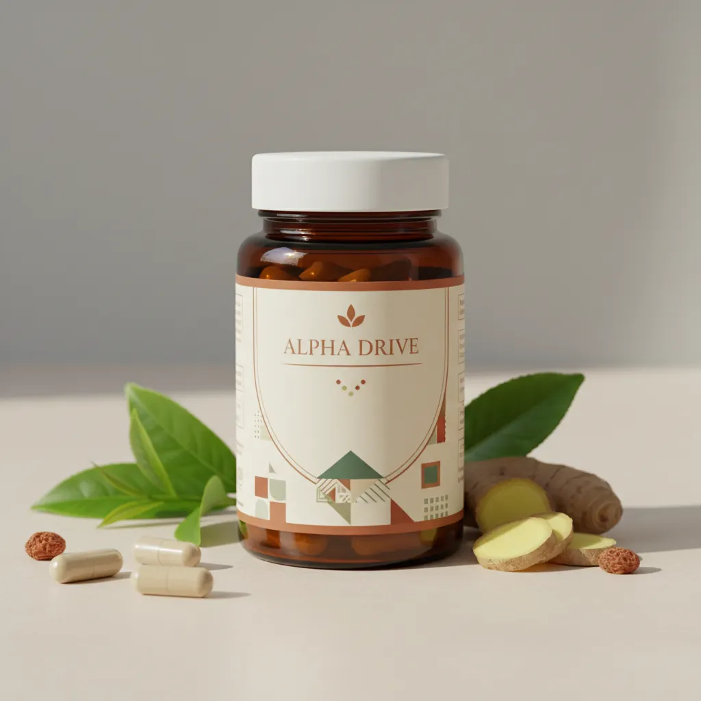 Alpha Drive donkerblauwe cilindrische supplementenpot met witte label, goudkleurige sierrand en gestyled A-logo